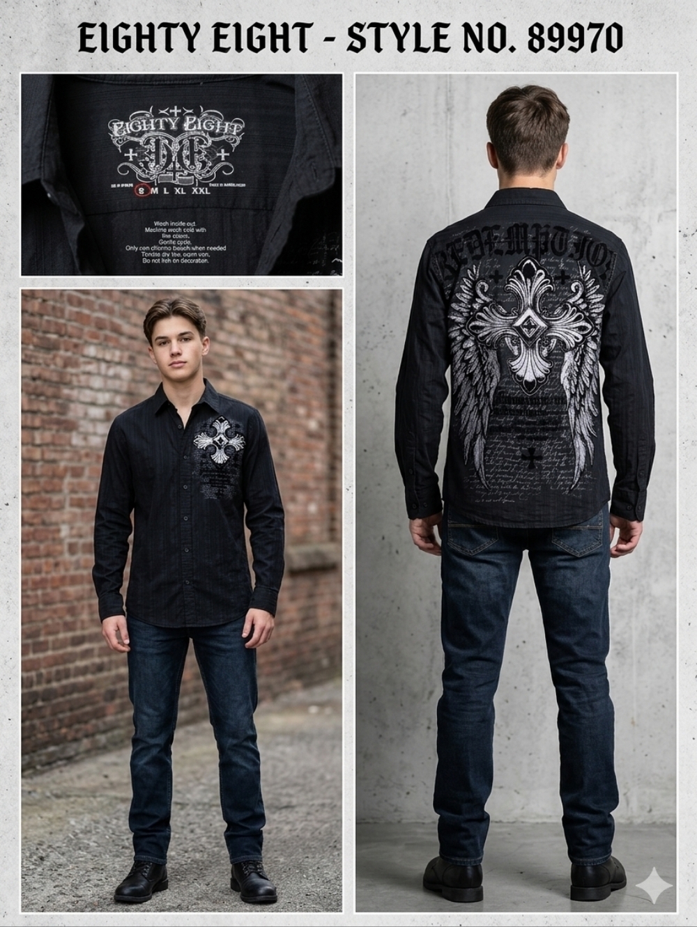 Eighty Eight Men's S Black Y2K Grunge Winged Cross Button-Down Shirt